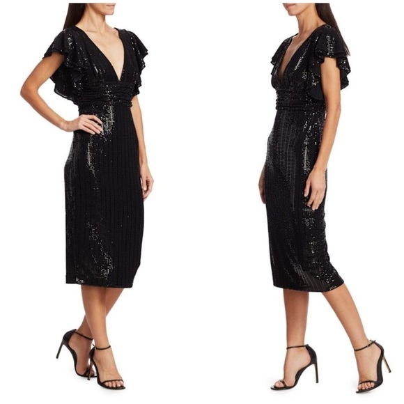 NWT Badgley Mischka Sequin Flutter Sleeve Sheath Dress Sparkle Party Black Sz 2 - Picture 16 of 17